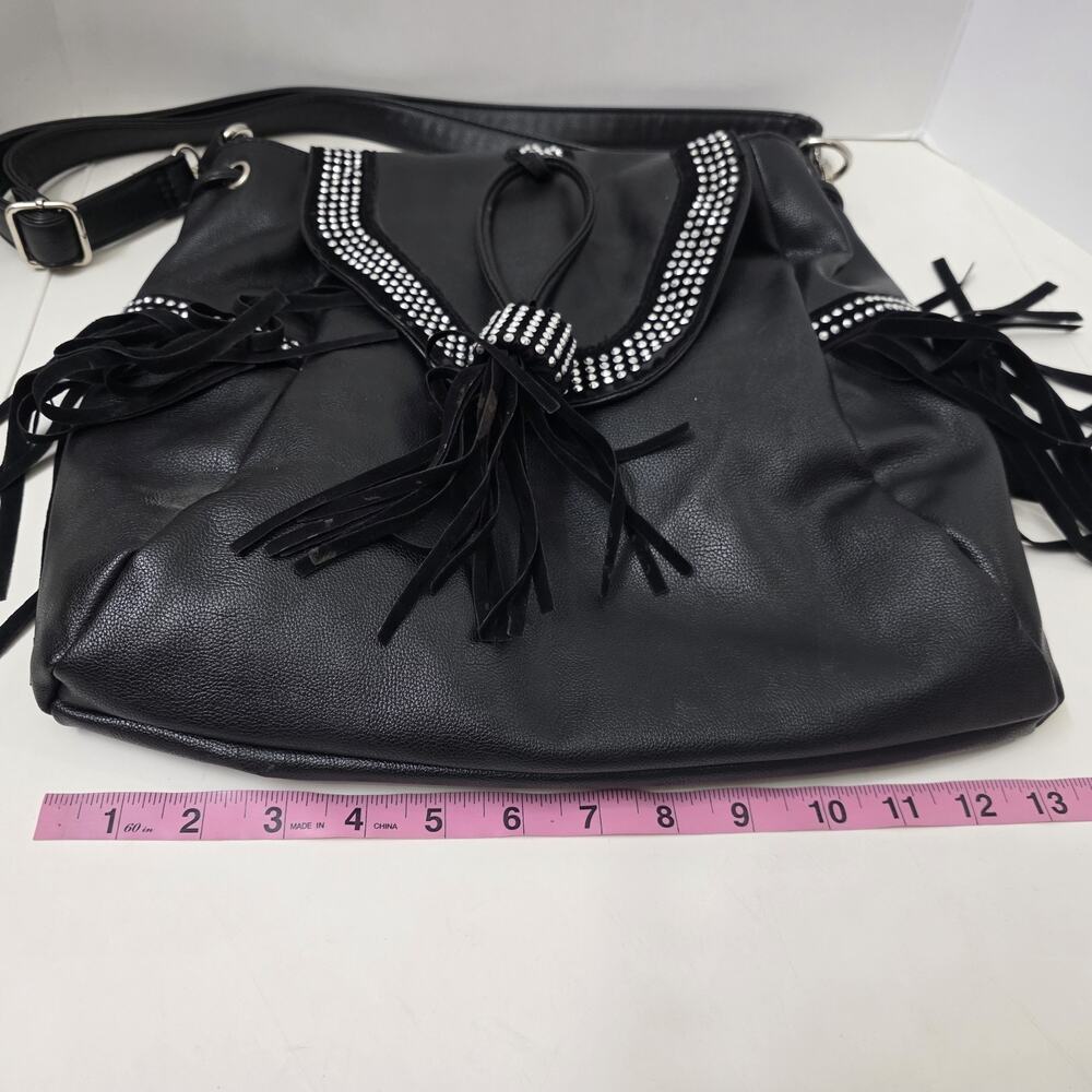 Black Boho Western Fringe Crossbody Purse Studded Faux Leather Shoulder Bag - Picture 10 of 12